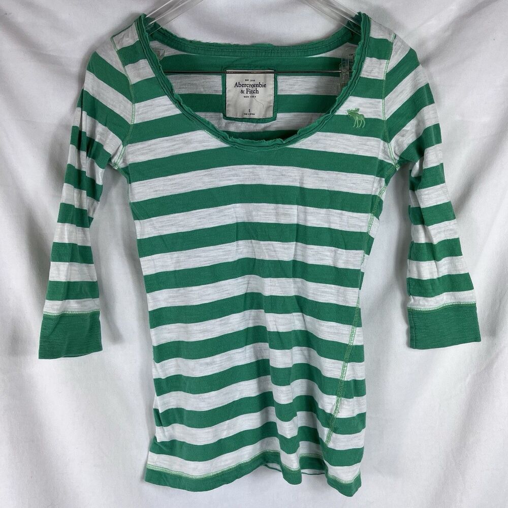 Vintage Abercrombie & Fitch Y2K Striped Henley Top Green White Small S Moose